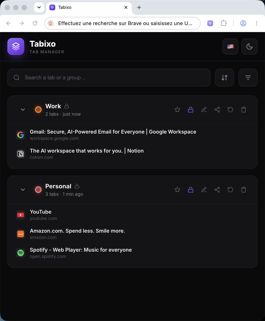 Tabixo interface in dark theme